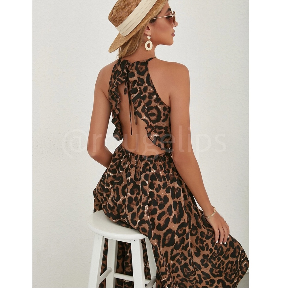 Animal Print Brown Leopard Cheetah Backless Halter Neck High Low Dress Midi
